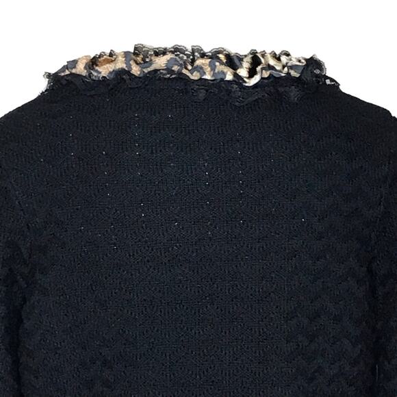 Chico’s Size Medium(8) Black Chevron Textured Knit Cardigan-Lace & Leopard Trim - Picture 8 of 14